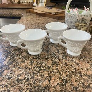 Vintage Milk Glass Grape Pattern Porcelain Teacup Set - 4 Pack